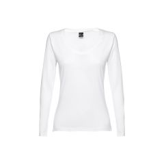 THC BUCHAREST DONNA WH, T-shirt a manica lunga con scollo a giro e vestibilità femminile, 100% cotone pettinato, Bianco, 30125