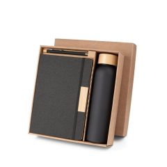 SCLIAR, Set comprising 1 ballpoint pen, 1 notebook and 1 bottle, made from recycled PET, recycled aluminium and bamboo, Schwarz, 93673-103