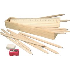 School set, pencil case, 12 pencils, ruler, eraser and pencil sharpener, wood, V6128-A-17