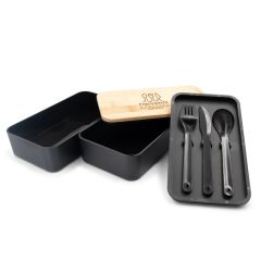 Lunch boxes 2 in 1, 2x500 ml, bamboo lid, cutlery | Tijani, black, VA101-03
