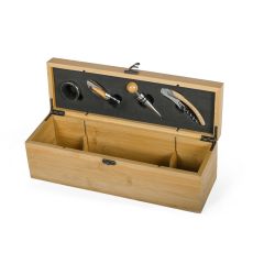 4-teiliges Weingeschenk-Set mit Bambus- und Metallflaschenhalter, natürlich, E14299