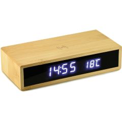LCD-Tischwecker mit kabellosem Ladegerät aus Bambus und Kunststoff, natürlich, E14580
